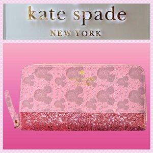 RARE Disney Parks Exclusive Kate Spade Mickey Mouse Pink Glitter Zip Wallet NWOT